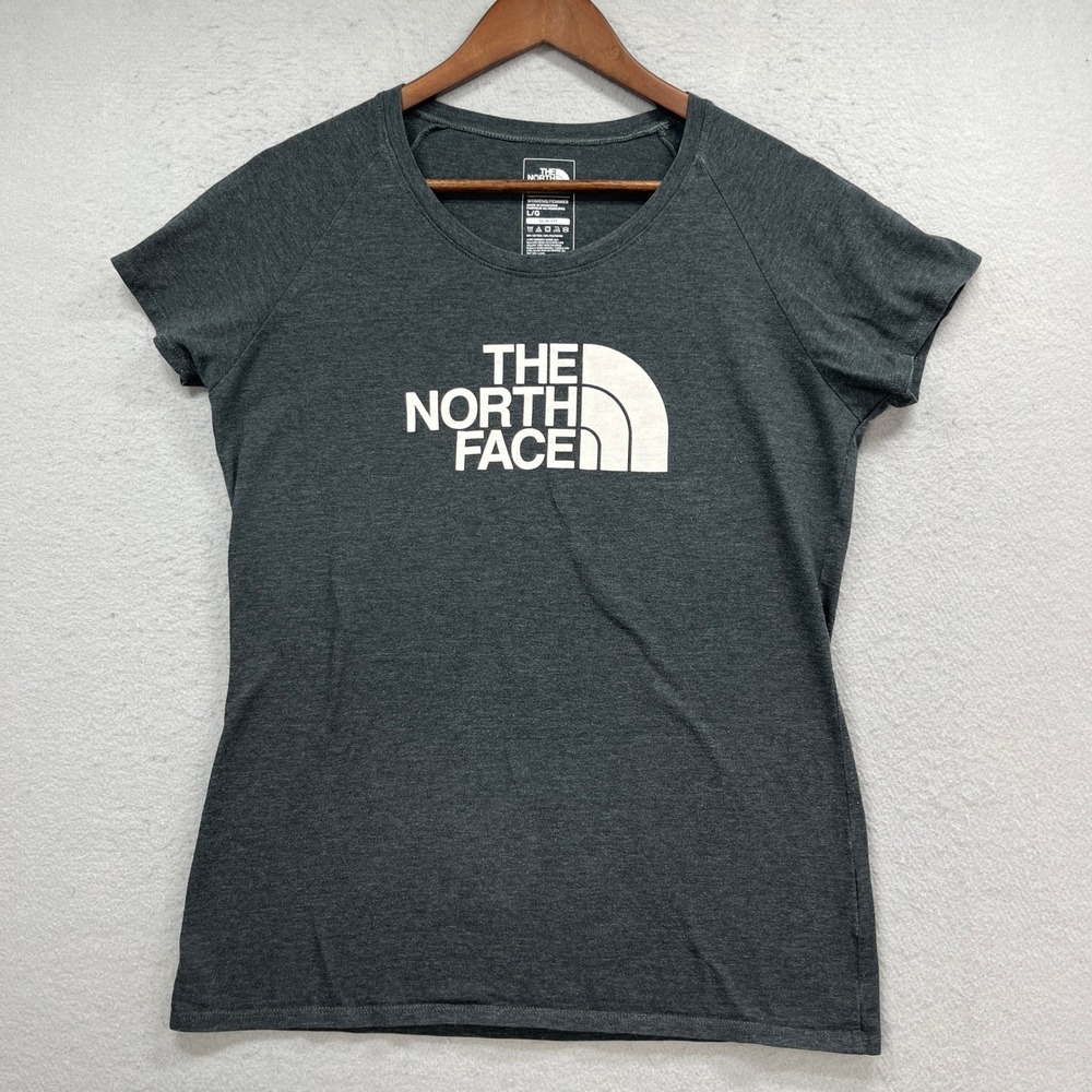 The North Face T-Shirt Womens Large Charcoal Grey Slim Fit Logo Short Sleeve Tee - Picture 1 of 7